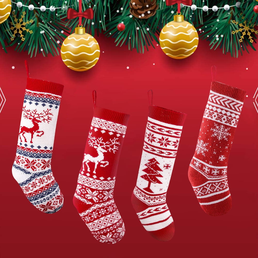 4 Pieces 18" Knit Christmas Stockings Reindeer Christmas Tree Snowflakes Knitted Stocking Christmas Ornaments Hanging Rustic Stocking Decorations Tree