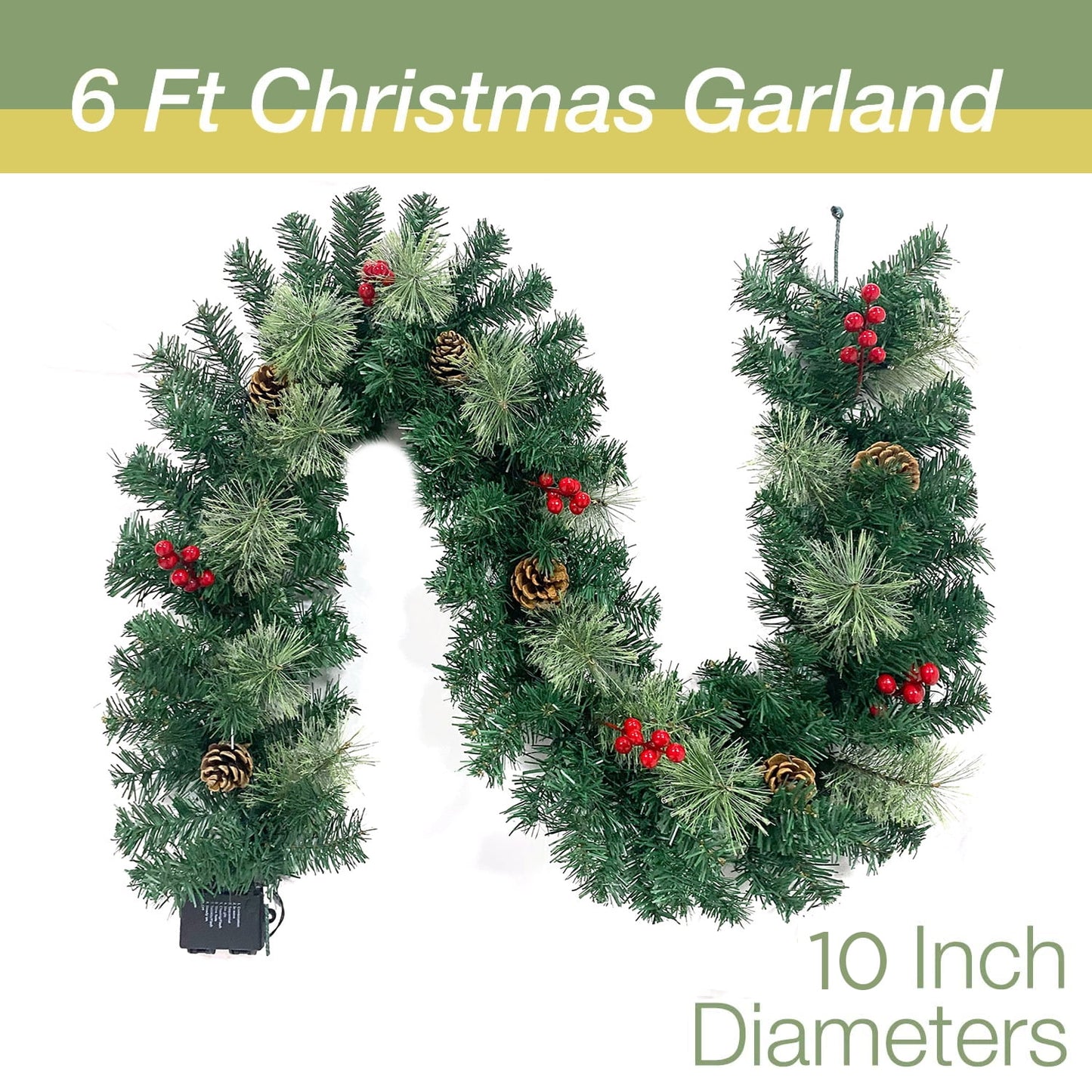 Christmas Garland Pre-Lit Artificial Green with Pine Cones Berry Clusters 40 Lights 6ft for Winter Christmas Indoor Outdoor New Year Xmas Decorations