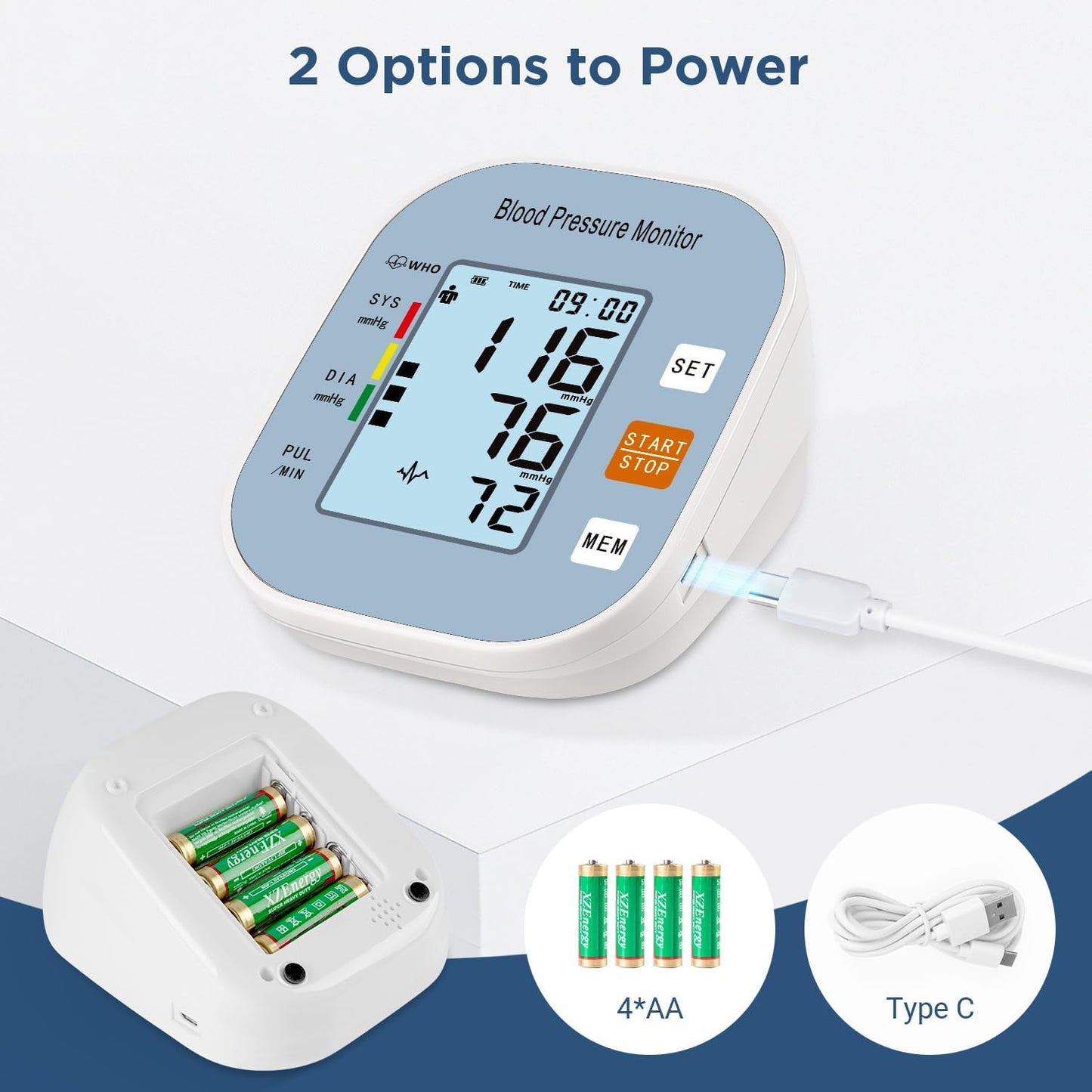 Blood Pressure Monitor, Automatic BP Machine with Large Backlit Display Accurate for 2 Users with Arm Cuff & Storage Bag, Blue