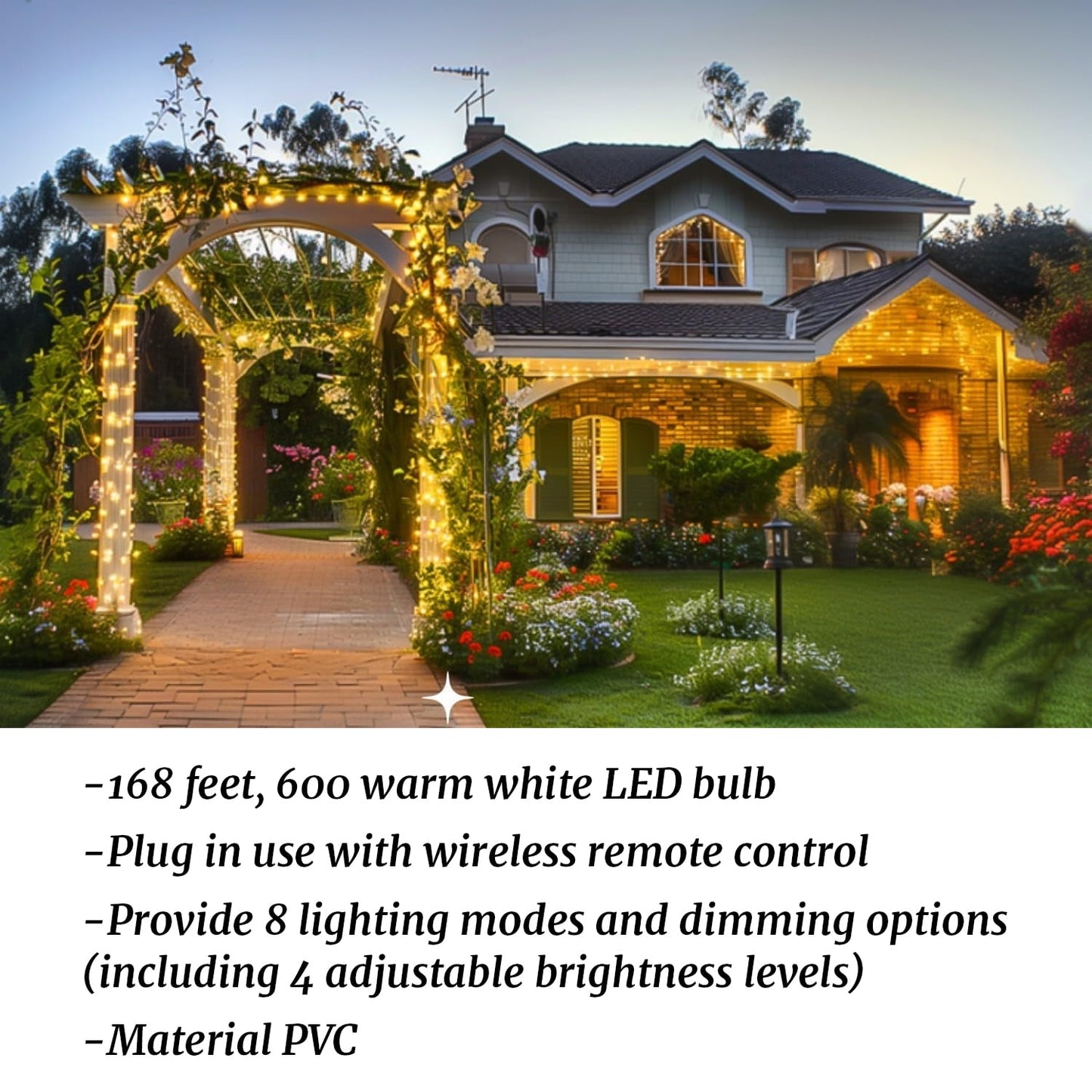 168FT Christmas Lights Outdoor 8 Modes Indoor String Lights for Outside Warm White