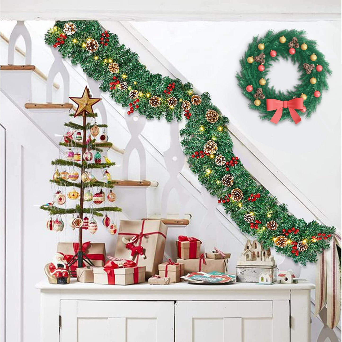 Christmas Garland Pre-Lit Artificial Green with Pine Cones Berry Clusters 40 Lights 6ft for Winter Christmas Indoor Outdoor New Year Xmas Decorations