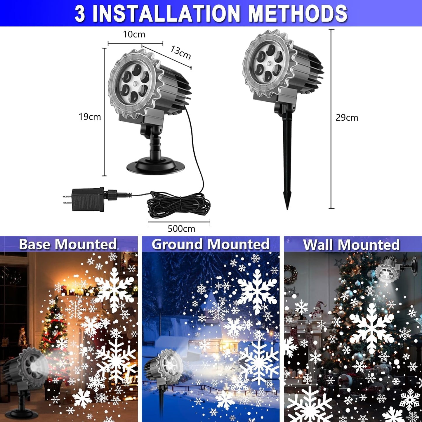 Christmas Snowflake Projector Lights Outdoor, Three-dimensional Snowfall Projection Lamp Outside Waterproof, Black
