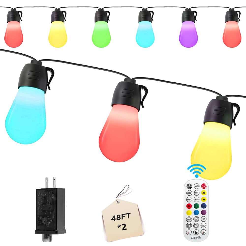 Smart Outdoor String Lights, 48ft*2 RGBIC & Warm White LED String Lights with 30*2 Bulbs, Works with Alexa, Google & APP Control, IP65 Waterproof for Patio, Garden Decorations