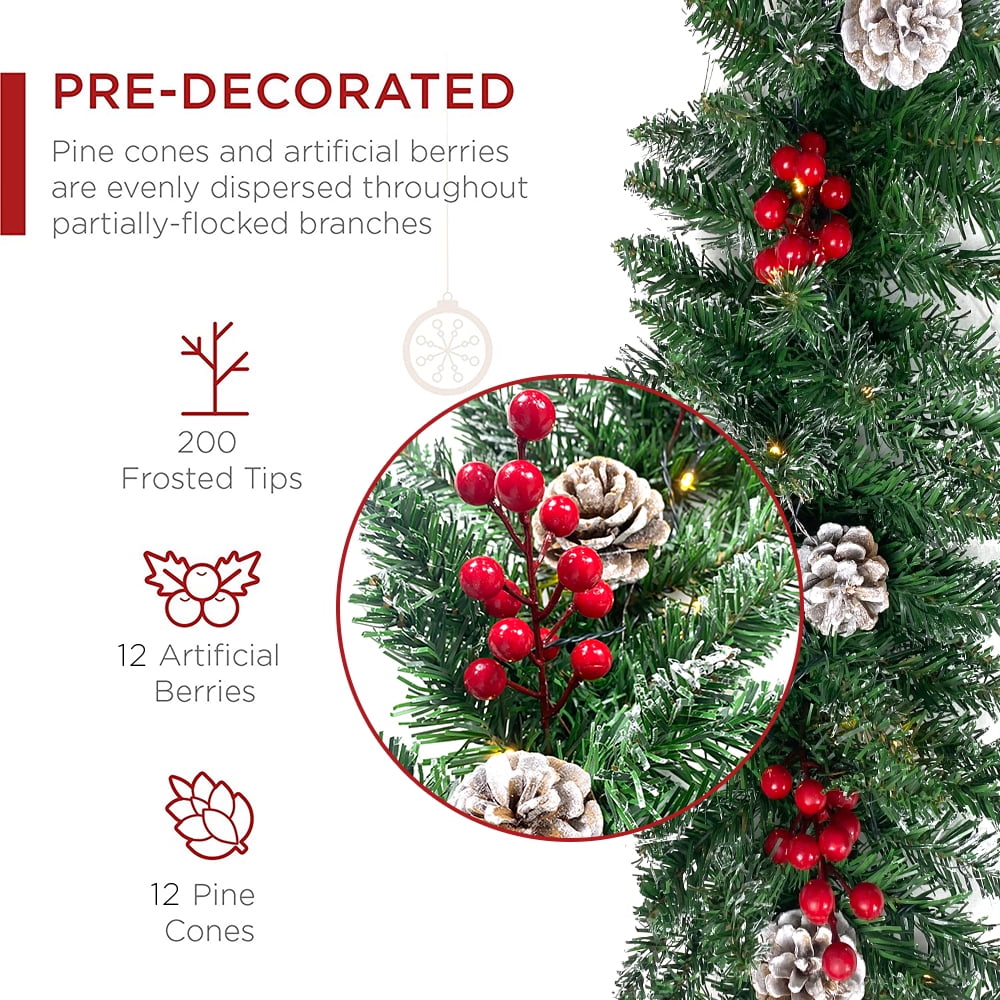 9ft Pre-Lit Christmas Garland with 50 Waterproof LED Light and Pine Cones and Berries, 220 Branches Battery Operated Christmas Garland Decoration for Xmas Holiday Party
