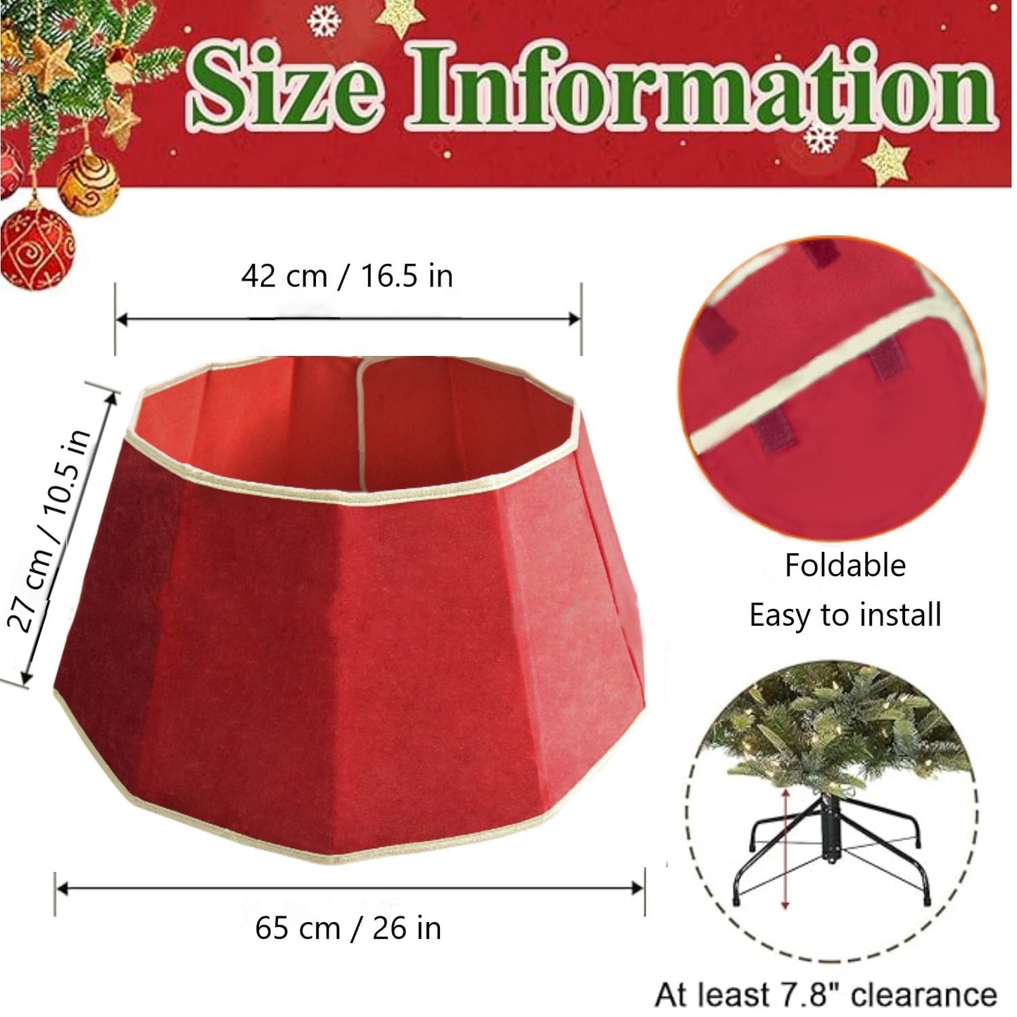 Uncahome Christmas Tree Collar, 26'' Red Xmas Tree Ring for Artificial Trees, Velvet Foldable Christmas Tree Skirt for Christmas Tree Decoration