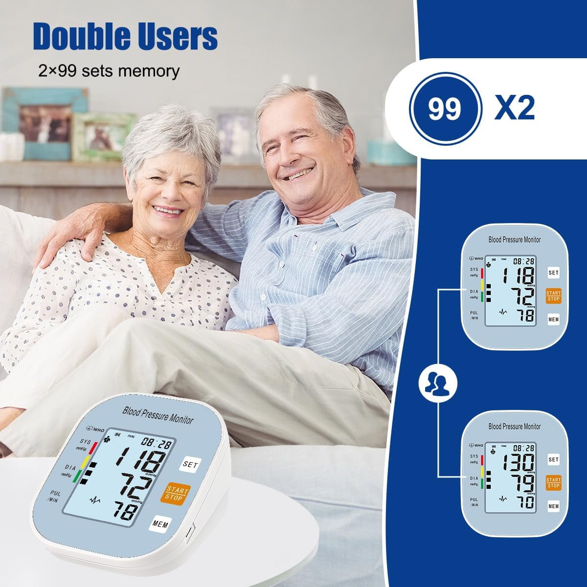 Blood Pressure Monitor, Automatic BP Machine with Large Backlit Display Accurate for 2 Users with Arm Cuff & Storage Bag, Blue