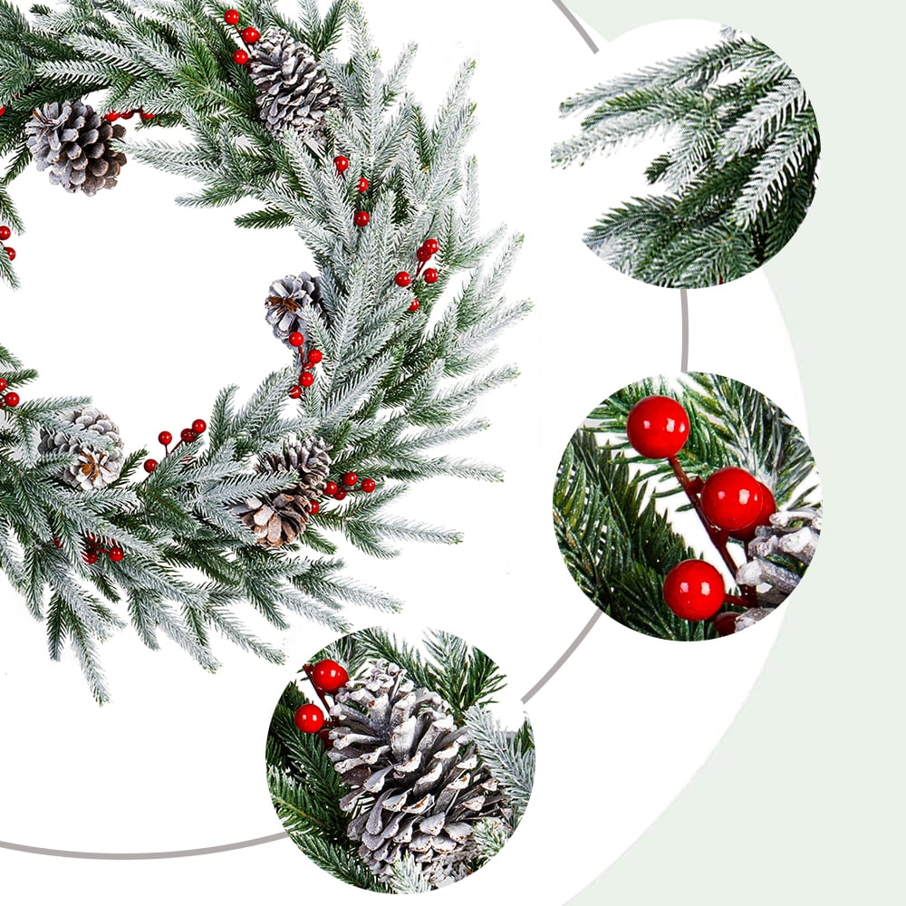 28in Artificial Christmas Wreath, Frosty Christmas wreath with Crestwood Spruce, Decorated with Pine Cones, Berry Clusters, Frosted Branches, Christmas Collection Green
