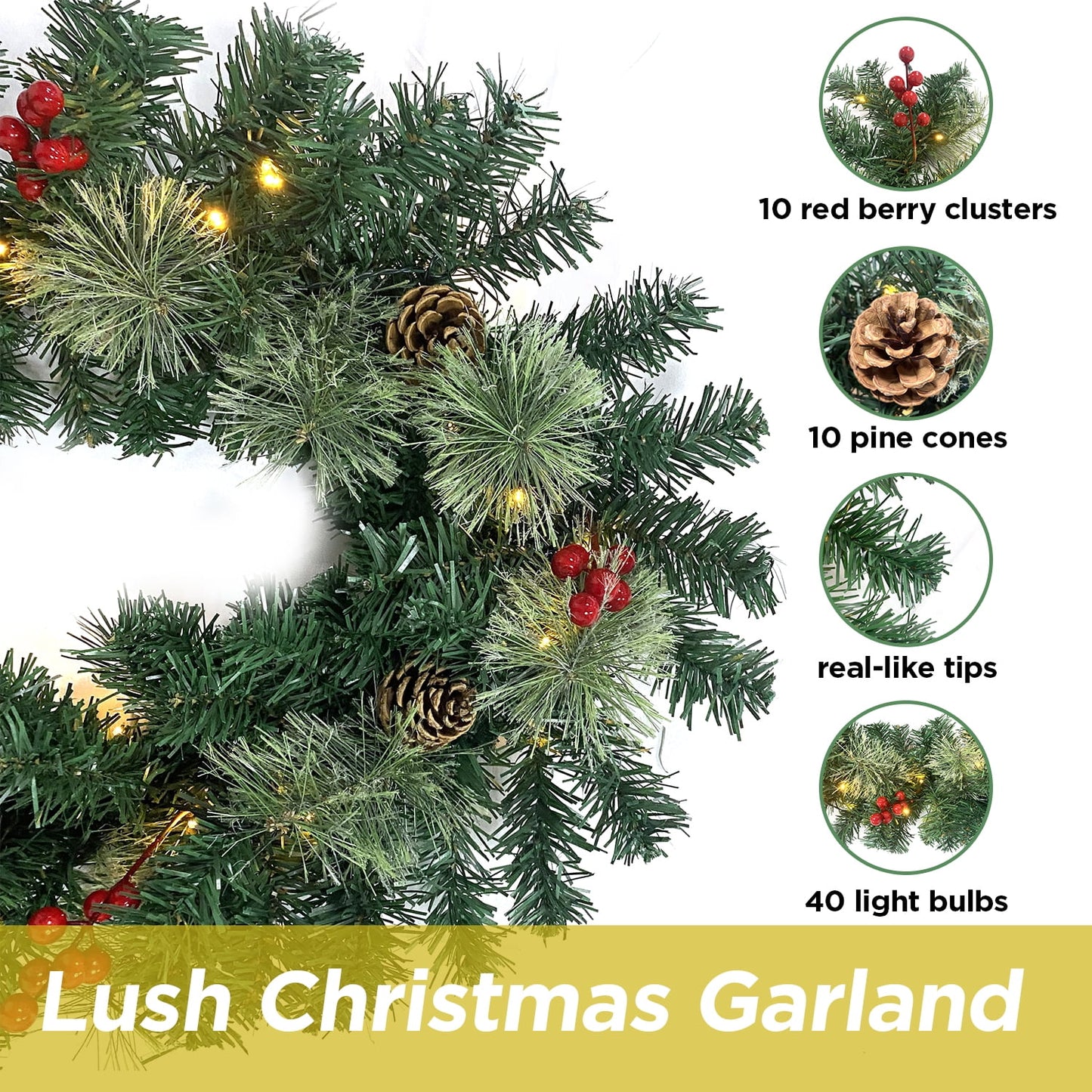 Christmas Garland Pre-Lit Artificial Green with Pine Cones Berry Clusters 40 Lights 6ft for Winter Christmas Indoor Outdoor New Year Xmas Decorations
