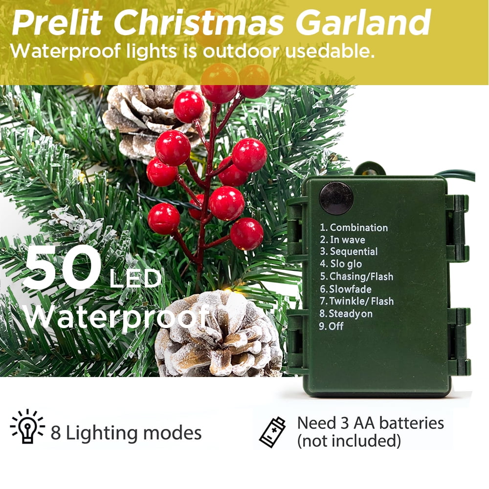 9ft Pre-Lit Christmas Garland with 50 Waterproof LED Light and Pine Cones and Berries, 220 Branches Battery Operated Christmas Garland Decoration for Xmas Holiday Party