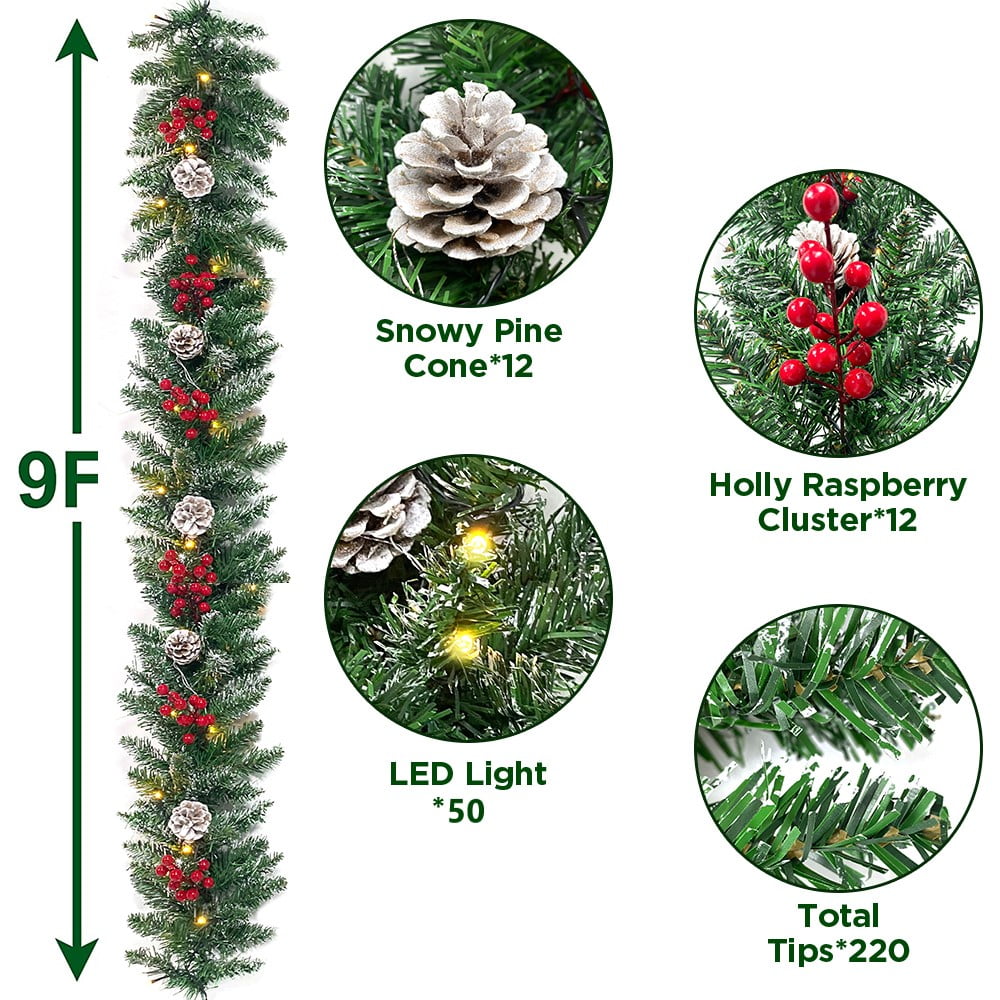 9ft Pre-Lit Christmas Garland with 50 Waterproof LED Light and Pine Cones and Berries, 220 Branches Battery Operated Christmas Garland Decoration for Xmas Holiday Party
