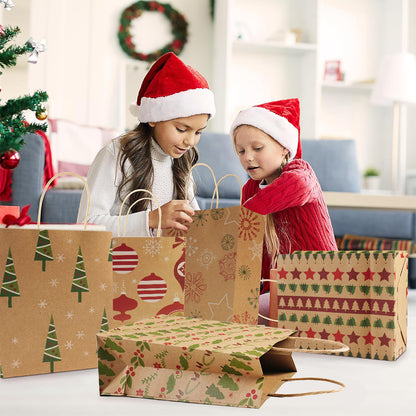 24PCS Christmas Gift Bags Christmas Kraft Gift Bags Holiday Paper Goody Gift (9" x 7.3" x 3.3")