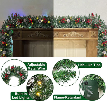 9ft Pre-Lit Christmas Garland with 50 Waterproof LED Light and Pine Cones and Berries, 220 Branches Battery Operated Christmas Garland Decoration for Xmas Holiday Party