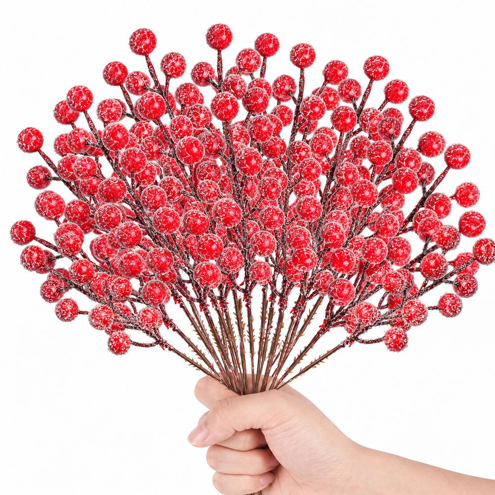 SwFoer 24 Pack 8.5" Snow Frosted Artificial Red Berry Picks Holly Stems for Christmas Tree Wreath DIY Winter Home Decor
