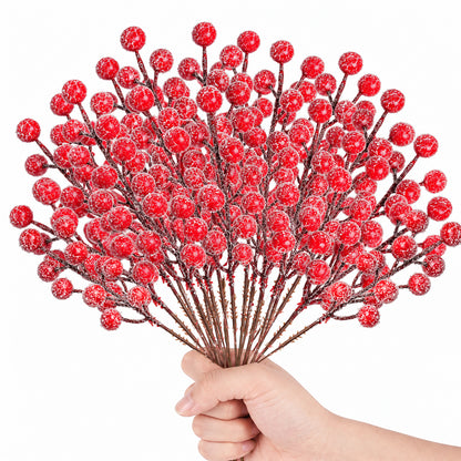 SwFoer 24 Pack 8.5" Snow Frosted Artificial Red Berry Picks Holly Stems for Christmas Tree Wreath DIY Winter Home Decor