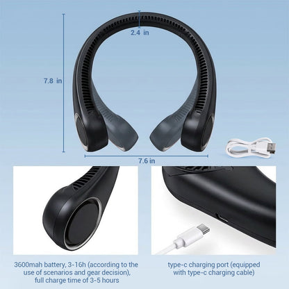 Portable Neck Fan, 3 Speeds Hands Free Personal Wearable Bladeless Fan with 3600mAh Rechargeable Battery, Black