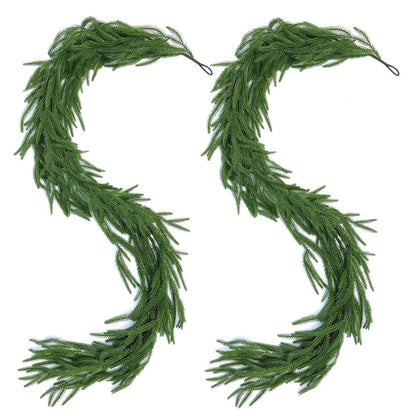 2 Pcs 6 FT Artificial Pine Garlands, Real Touch Winter Green Pine Garland, Indoor, Outdoor Christmas Decorations