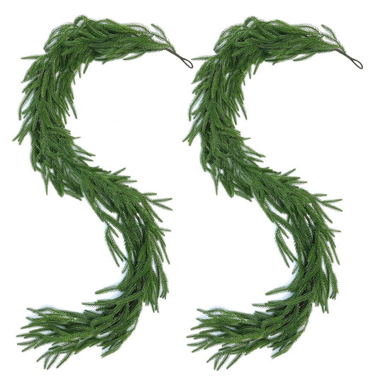 2 Pcs 6 FT Artificial Pine Garlands, Real Touch Winter Green Pine Garland, Indoor, Outdoor Christmas Decorations