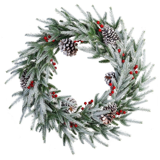 28in Artificial Christmas Wreath, Frosty Christmas wreath with Crestwood Spruce, Decorated with Pine Cones, Berry Clusters, Frosted Branches, Christmas Collection Green