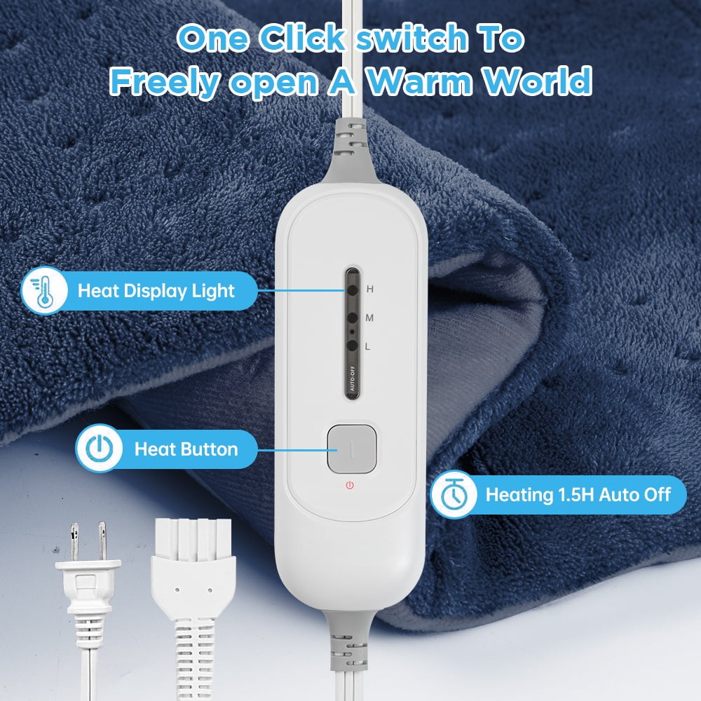 12" x 24" Heating Pad with 3 Heat Settings, Auto Shut Off, Machine Washable, Blue