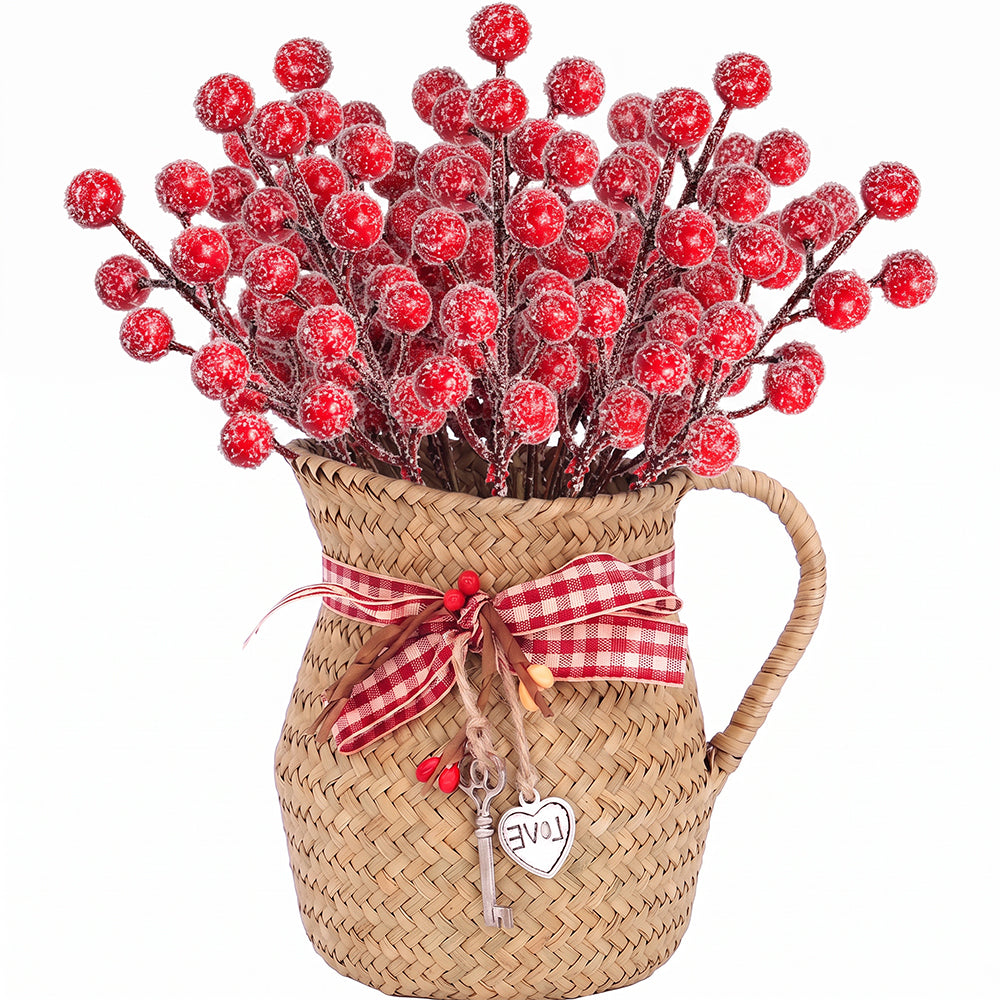 SwFoer 24 Pack 8.5" Snow Frosted Artificial Red Berry Picks Holly Stems for Christmas Tree Wreath DIY Winter Home Decor