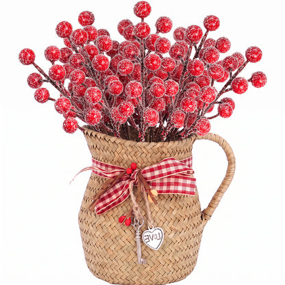 SwFoer 24 Pack 8.5" Snow Frosted Artificial Red Berry Picks Holly Stems for Christmas Tree Wreath DIY Winter Home Decor