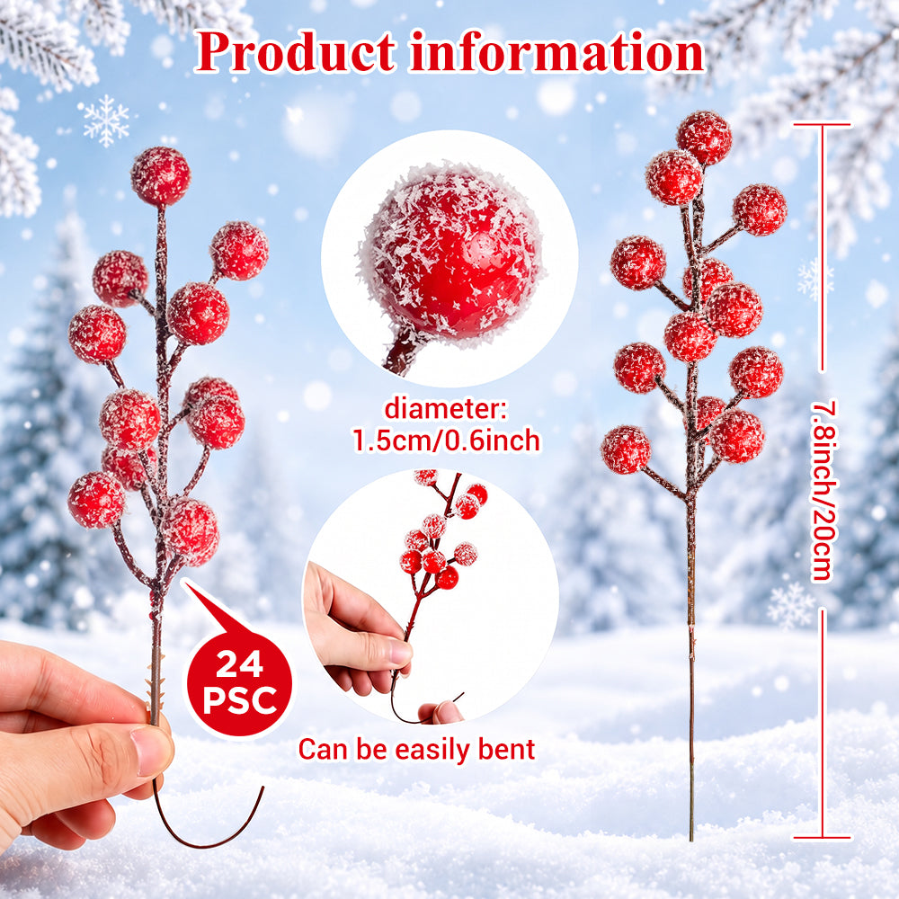 SwFoer 24 Pack 8.5" Snow Frosted Artificial Red Berry Picks Holly Stems for Christmas Tree Wreath DIY Winter Home Decor