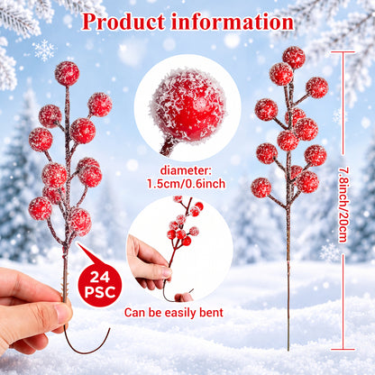 SwFoer 24 Pack 8.5" Snow Frosted Artificial Red Berry Picks Holly Stems for Christmas Tree Wreath DIY Winter Home Decor