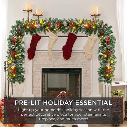 9ft Pre-Lit Christmas Garland with 50 Waterproof LED Light and Pine Cones and Berries, 220 Branches Battery Operated Christmas Garland Decoration for Xmas Holiday Party