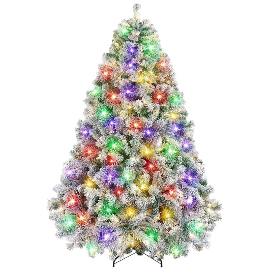4.5ft Christmas Tree, Snow Flocked Pine Tree with 200 Warm-White & Multicolored Lights For Home, Office, Party Decoration