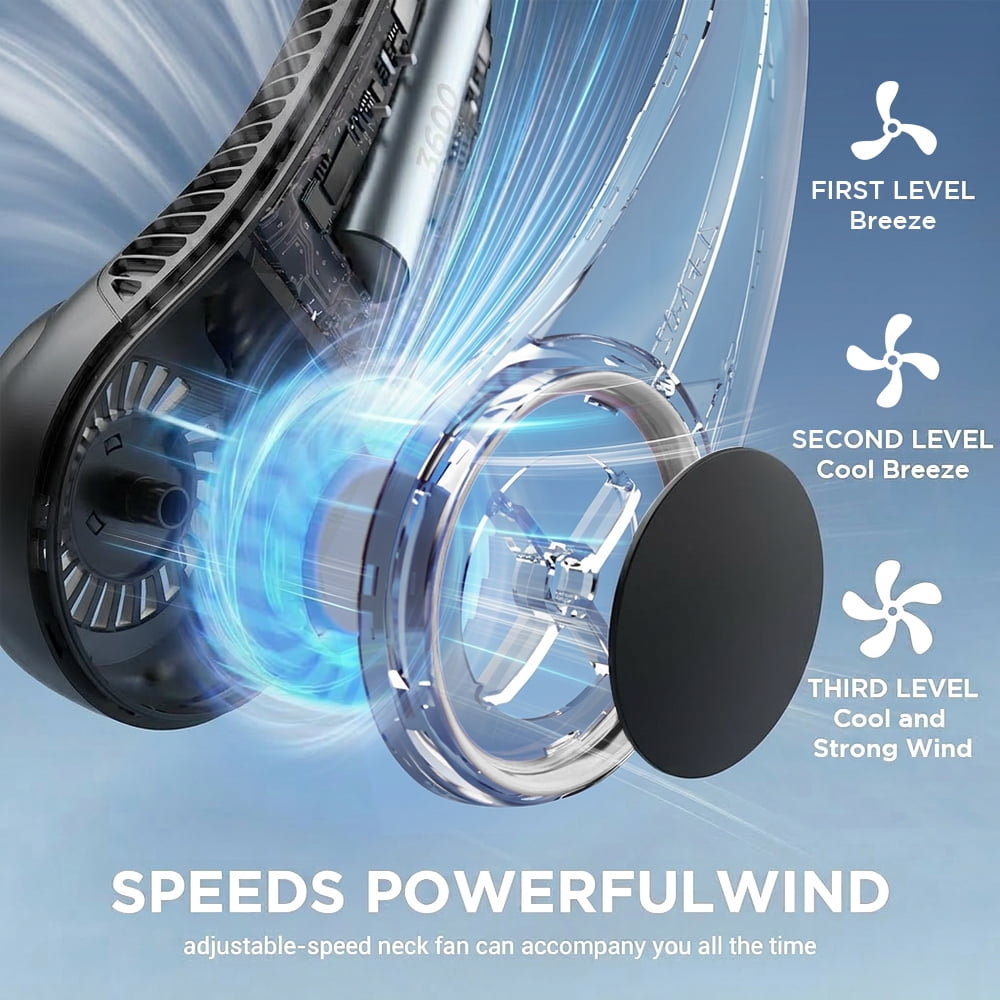 Portable Neck Fan, 3 Speeds Hands Free Personal Wearable Bladeless Fan with 3600mAh Rechargeable Battery, Black