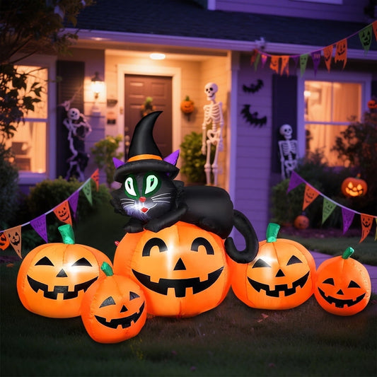 5FT Halloween Inflatable Pumpkin Outdoor Decoration, Lighted Blow Up Yard Decor, Stacked Witch's Black Cat with 5 Pcs Pumpkin and Built-in LED Lights for Home Holiday Party Patio Outside Event Prop