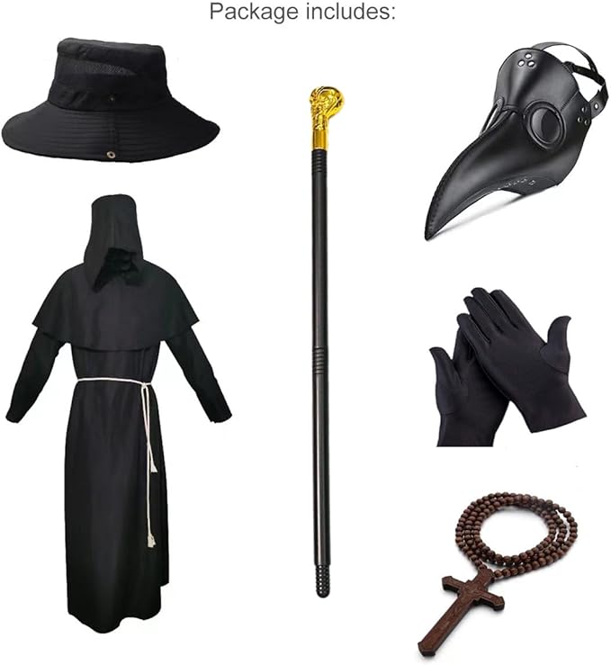Plague Doctor Mask Costumes Set 6 in 1 Halloween Beak Mask Plague Dr Outfit for Adults