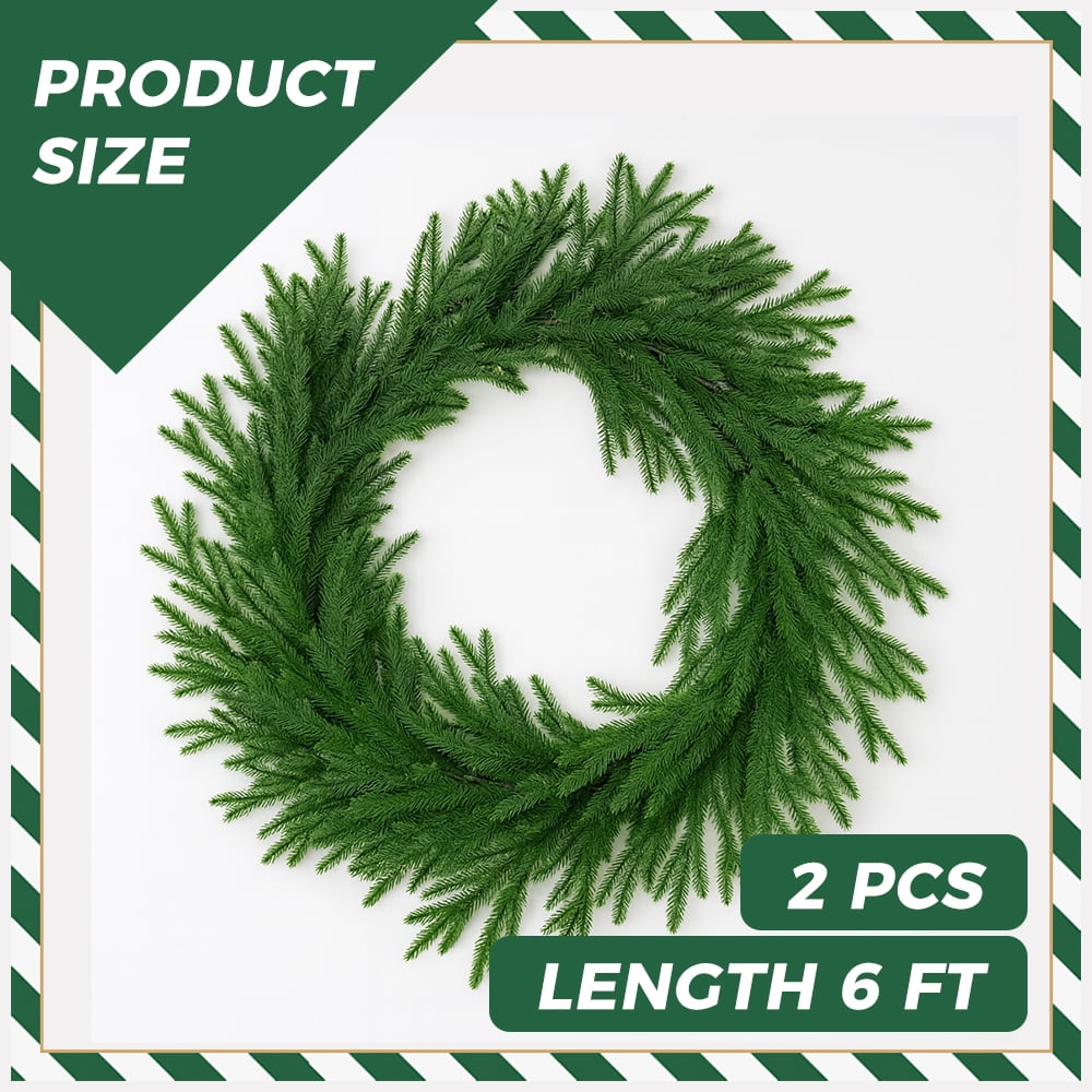 2 Pcs 6 FT Artificial Pine Garlands, Real Touch Winter Green Pine Garland, Indoor, Outdoor Christmas Decorations