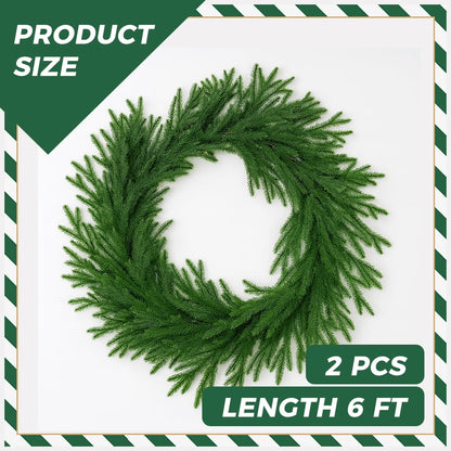 2 Pcs 6 FT Artificial Pine Garlands, Real Touch Winter Green Pine Garland, Indoor, Outdoor Christmas Decorations