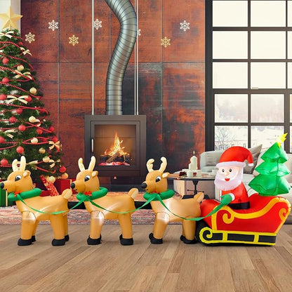 Outdoor Christmas Decorations,12 FT Lighted Christmas Inflatables Santa Claus on Sleigh with 3 Reindeer & Christmas Tree for Indoor Outdoor Home Holiday Deco