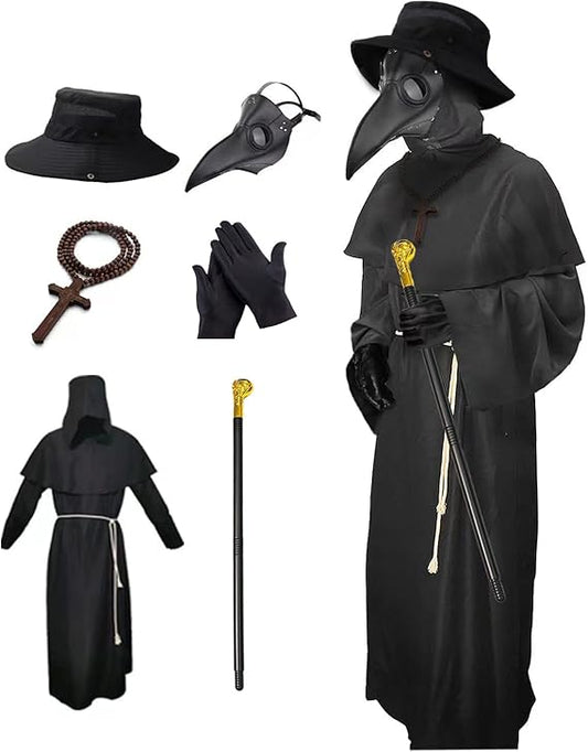 Plague Doctor Mask Costumes Set 6 in 1 Halloween Beak Mask Plague Dr Outfit for Adults