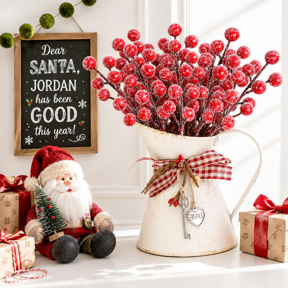 SwFoer 24 Pack 8.5" Snow Frosted Artificial Red Berry Picks Holly Stems for Christmas Tree Wreath DIY Winter Home Decor