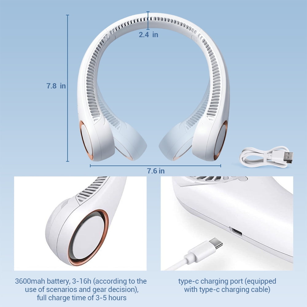 Portable Neck Fan, 3 Speeds Hands Free Personal Wearable Bladeless Fan with 3600mAh Rechargeable Battery, White