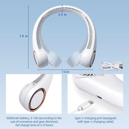 Portable Neck Fan, 3 Speeds Hands Free Personal Wearable Bladeless Fan with 3600mAh Rechargeable Battery, White