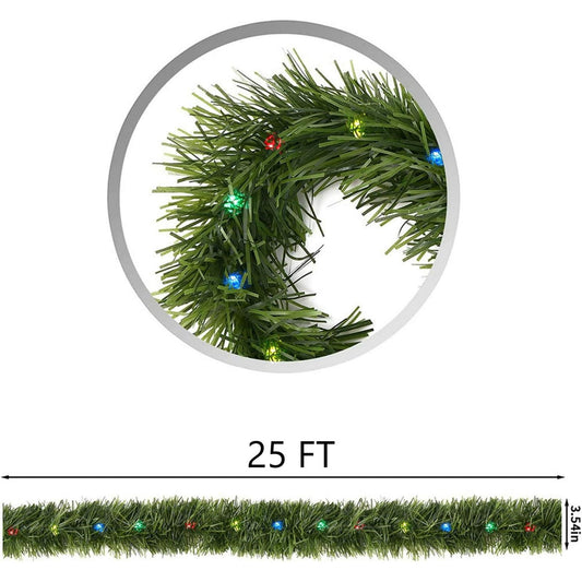 25Ft Prelit Christmas Garland with 100 Colorful String Lights, Artificial Xmas Garland, Suitable for Indoor or Outdoor Decorations
