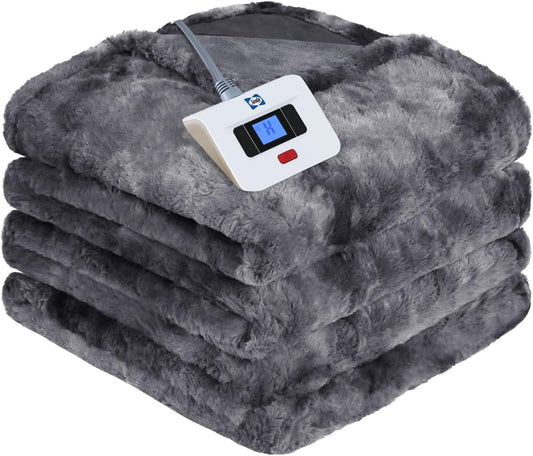 Electric Blanket Twin Size, Faux Fur & Flannel Fast Heated Blanket with 10 Heating Levels & 1-12 Hours Auto Off, Machine Washable, Grey, 62x 84 Inch