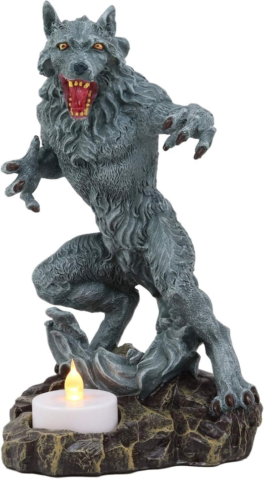 Gothic Werewolf Tea Light Candle Holder Statue Lycan Beast Wolf Man Figurine Werewolves Direwolf Fantasy Decor Sculpture for Halloween Underworld Macabre Mystic Decorative Candleholder