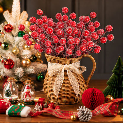 SwFoer 24 Pack 8.5" Snow Frosted Artificial Red Berry Picks Holly Stems for Christmas Tree Wreath DIY Winter Home Decor