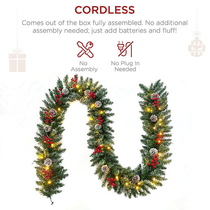9ft Pre-Lit Christmas Garland with 50 Waterproof LED Light and Pine Cones and Berries, 220 Branches Battery Operated Christmas Garland Decoration for Xmas Holiday Party