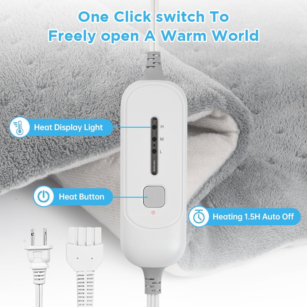 12" x 24" Heating Pad with 3 Heat Settings, Auto Shut Off, Machine Washable, Grey