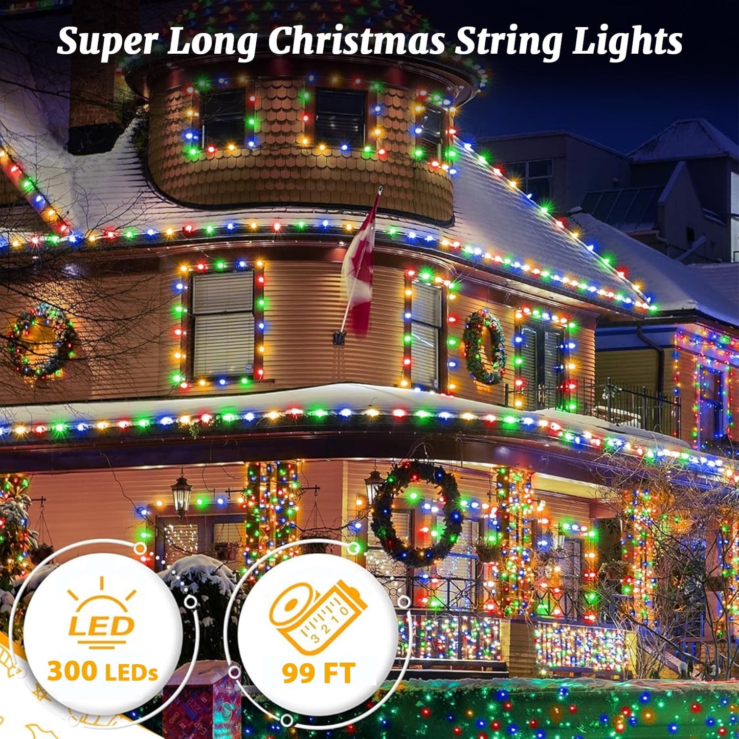 Fairy Lights 98FT 300LED 8 Modes ,IP67 Waterproof String Lights for Indoor Outdoor House Holiday Decoration