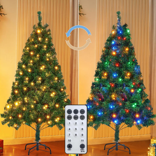 5 FT Artificial Christmas Tree (NOT Pre-Strung) with Remote Control, 200 LED Warm White & Multicolor Changing Lights, Fake Xmas Pine Tree with Metal Legs, 550 Branch Tips, Green