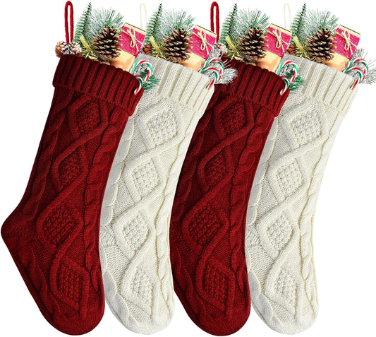 Christmas Stockings Bulk 20 Inch Burgundy and Ivory Knit Xmas Stockings for Family Christmas Decoration, 4 Pack