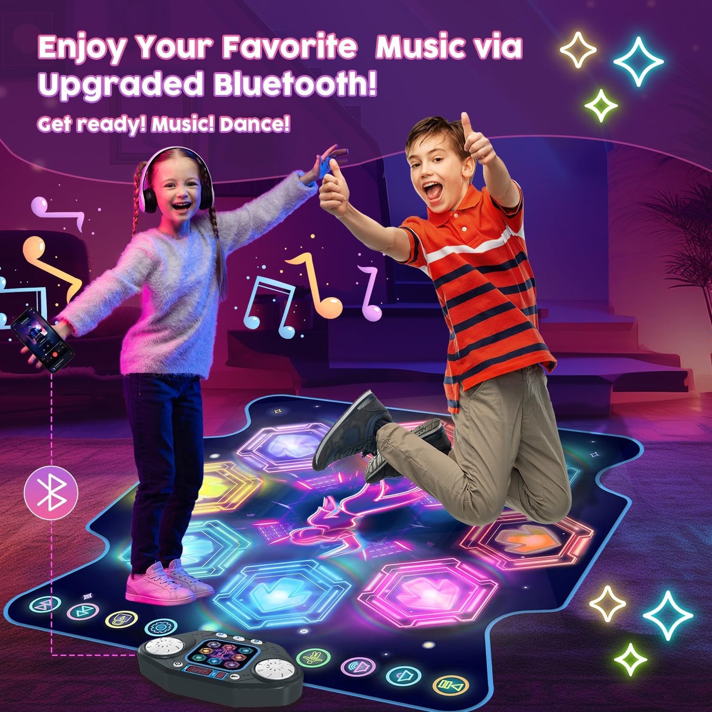 Dance Mat Toys, 2024 Light Up 8-Button Dance Pad with Wireless Bluetooth for 3-12 Year Old Girls Boys, Upgraded Dance Pad Flowing Light Control System with Stands Music Birthday Xmas Gifts for Kids