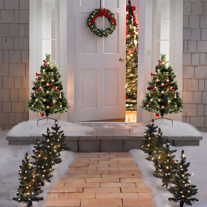 25in Artificial Christmas Trees Set of 2 Pre-Lit Mini Christmas Trees with 30 LED Lights, Bright Ball, Pine, Berries for Indoor Outdoor Decor